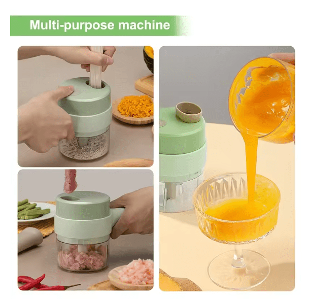 Green mini food chopper pouring chopped ingredients and juice from the transparent container