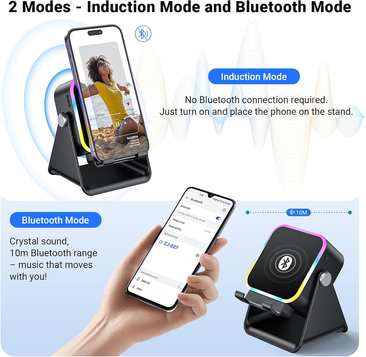 Wireless induction Bluetooth speaker with phone stand and glowing ring