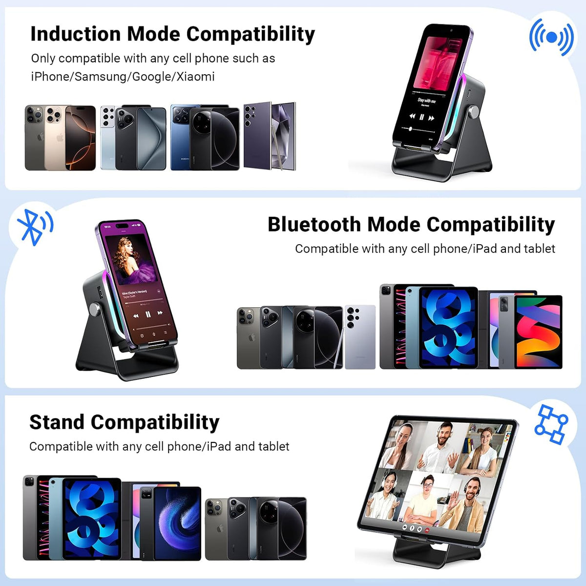 Wireless speaker stand with glowing ring, phone positioned in cradle
