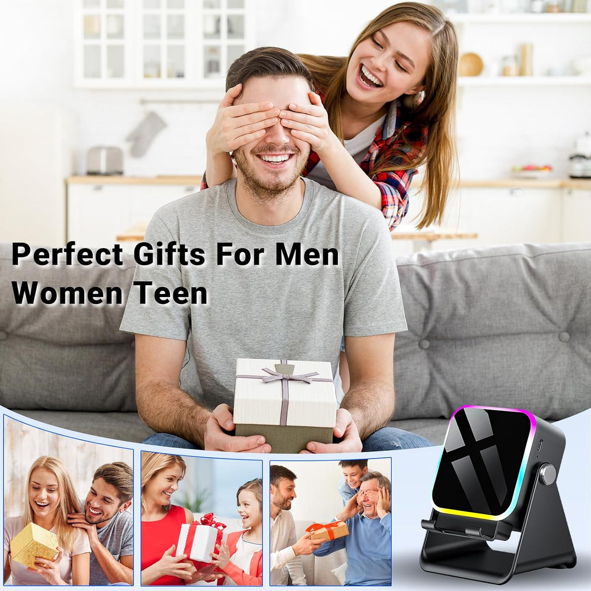 Wireless speaker stand with multicolor ring on tabletop, phone cradle empty