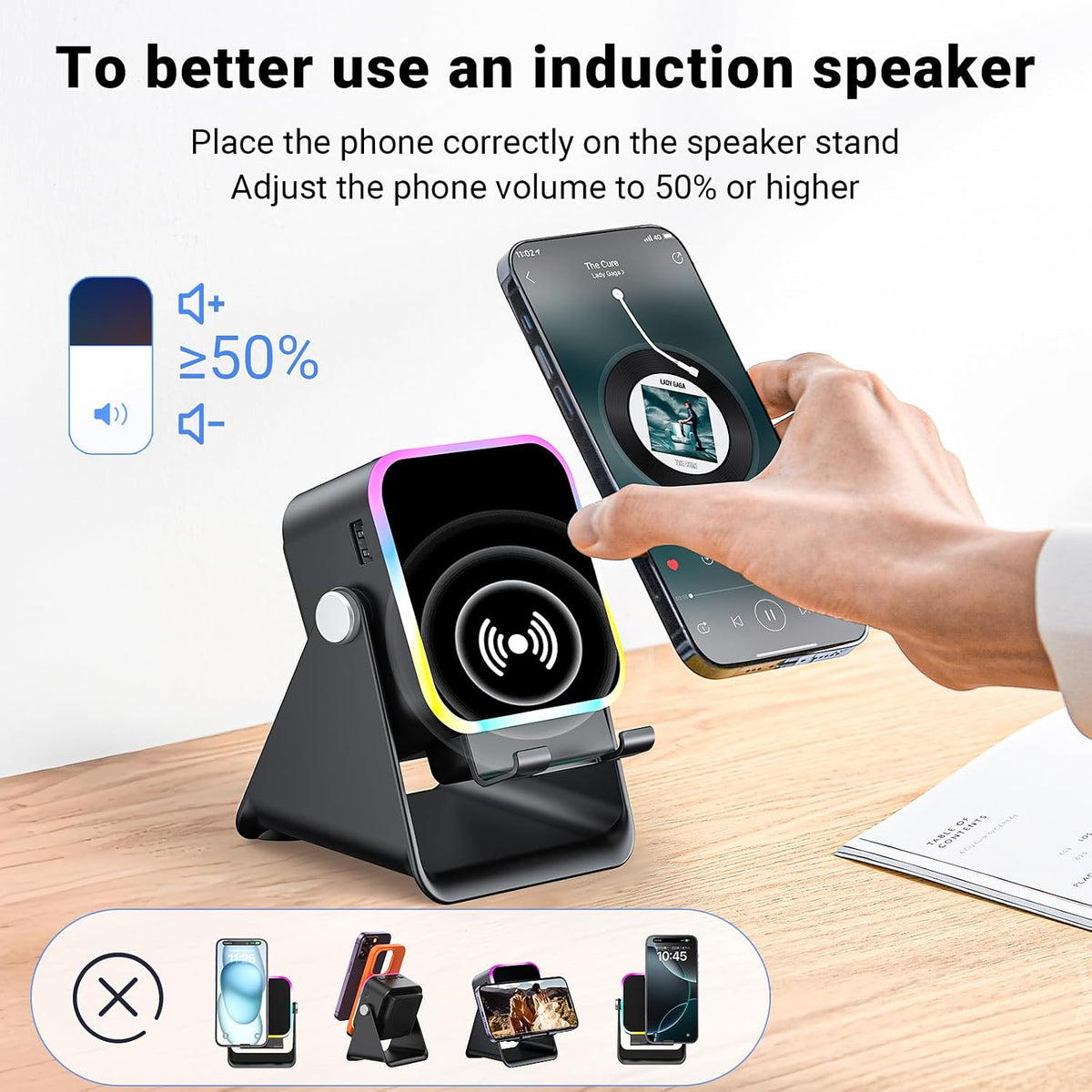 Wireless induction Bluetooth speaker stand with phone being placed, glowing ring