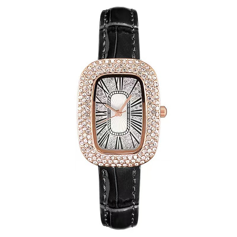 Square quartz watch, crystal-studded bezel, black leather strap