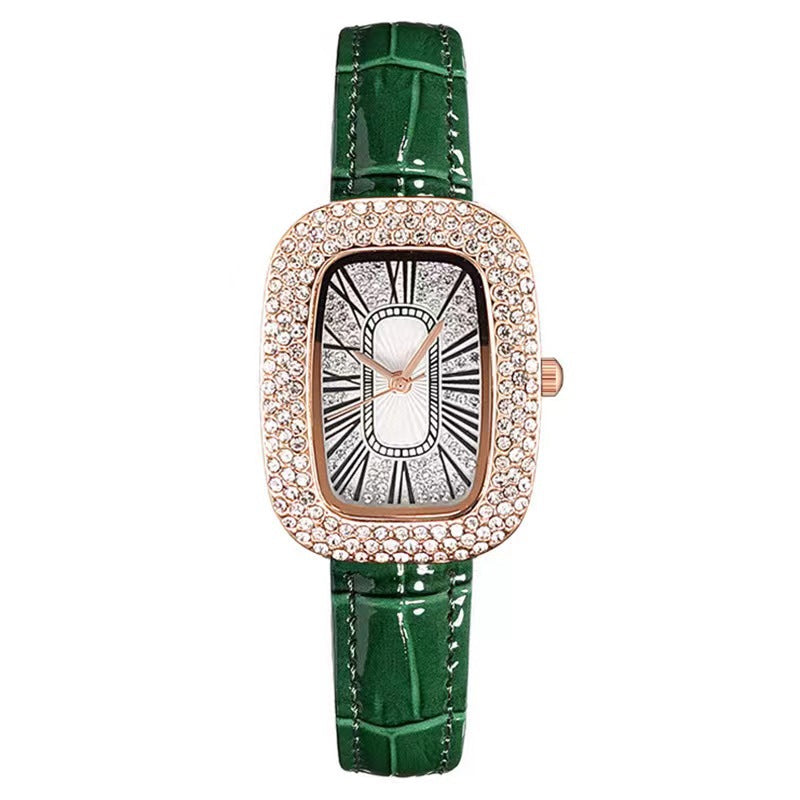 Square quartz watch, crystal-studded bezel, green leather strap