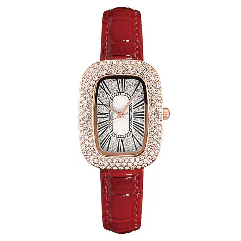 Square quartz watch, crystal-studded bezel, red leather strap