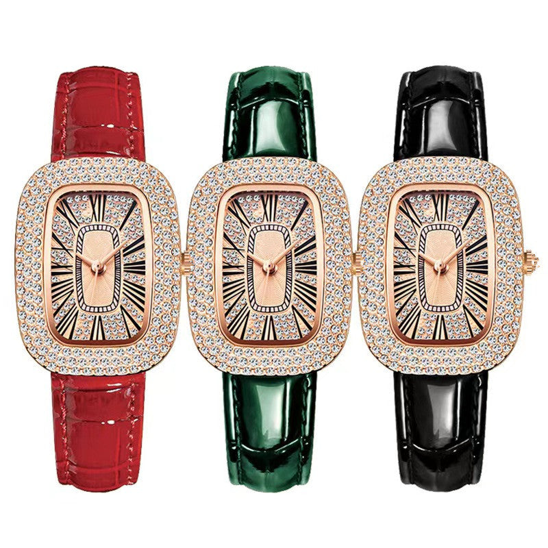 Luxury square watch set with crystal bezel and red, green, black straps