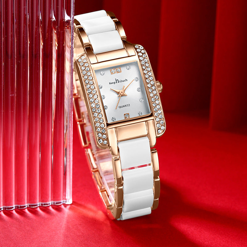 Rose gold square quartz watch with rhinestone bezel and white ceramic link band