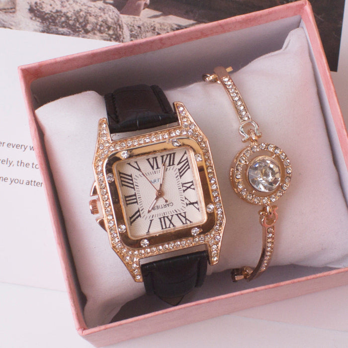 Women’s square rhinestone quartz watch with elegant Roman numeral dial