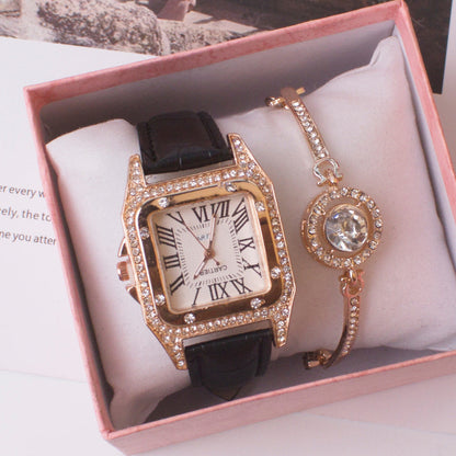 Women’s square rhinestone quartz watch with elegant Roman numeral dial