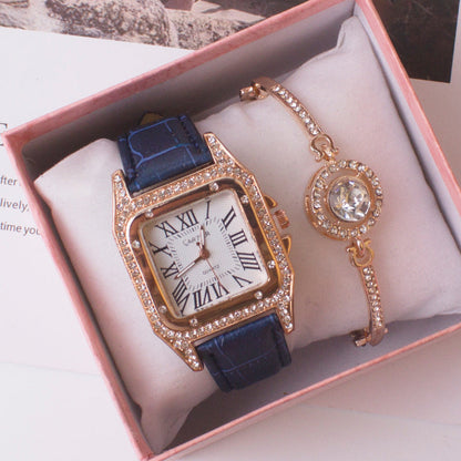 Luxury women’s square watch with rhinestone bezel and leather strap