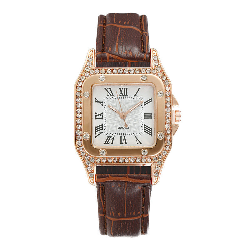 Classic women’s square watch with Roman numerals and crystal accents
