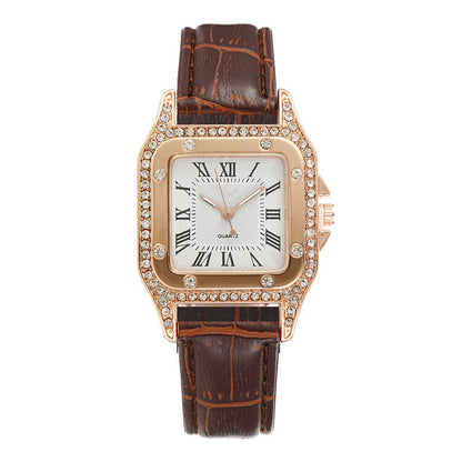 Classic women’s square watch with Roman numerals and crystal accents