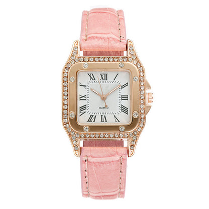 Close-up of women’s square quartz watch showing rhinestone details
