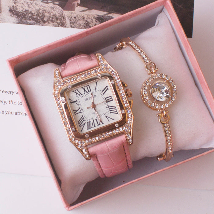 Pink watch and bracelet set in a box