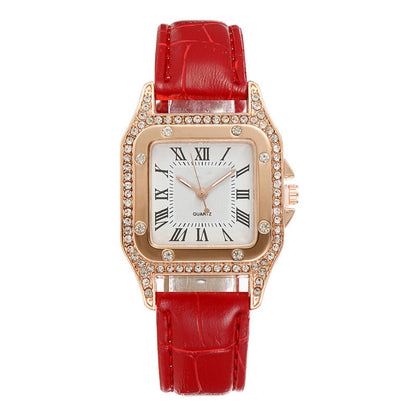 Classic women’s square watch with Roman numerals and crystal accents