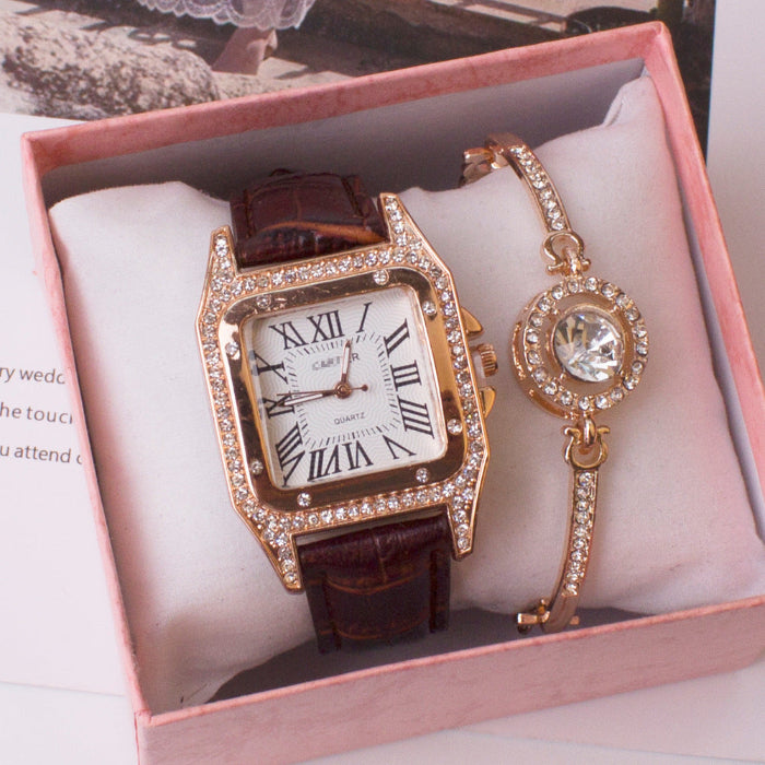 Elegant women’s square quartz watch in red strap with rhinestone frame