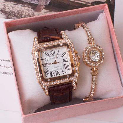 Elegant women’s square quartz watch in red strap with rhinestone frame