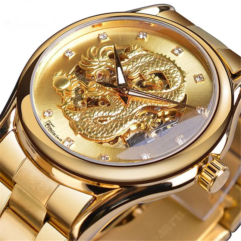 Mechanical skeleton watch with gold case, gold dragon dial, and crystal markers