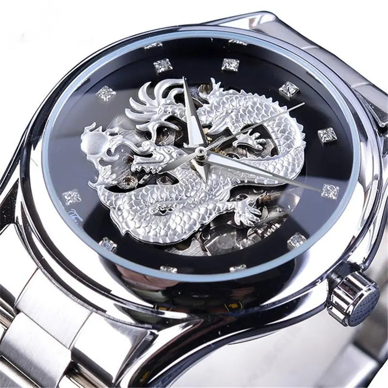 Mechanical skeleton watch with silver case, black dial, and silver dragon skeleton hands