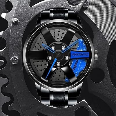 Black metal wristwatch with blue hands and a blue brake-caliper dial accent