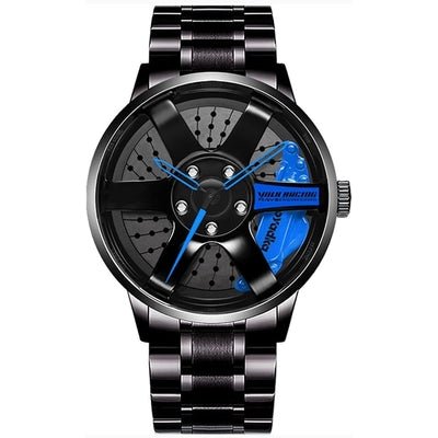 Front view of a black metal wristwatch with blue hands and brake-wheel dial