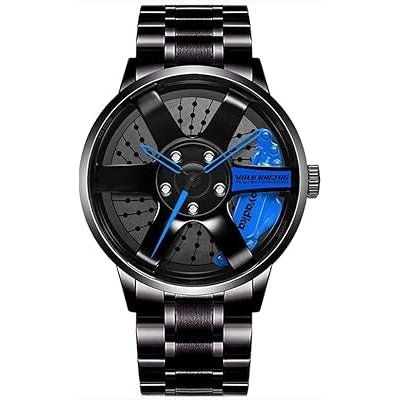 Black metal wristwatch with blue hands and a brake-wheel dial