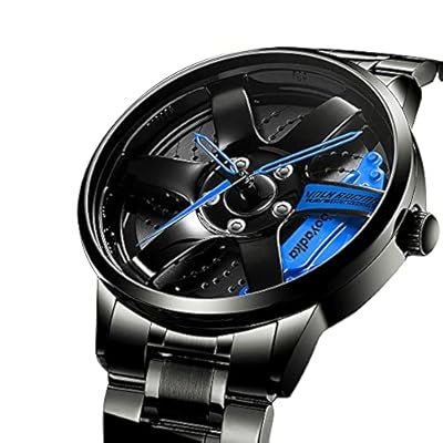 Angled view of a black wristwatch with blue hands and caliper detail