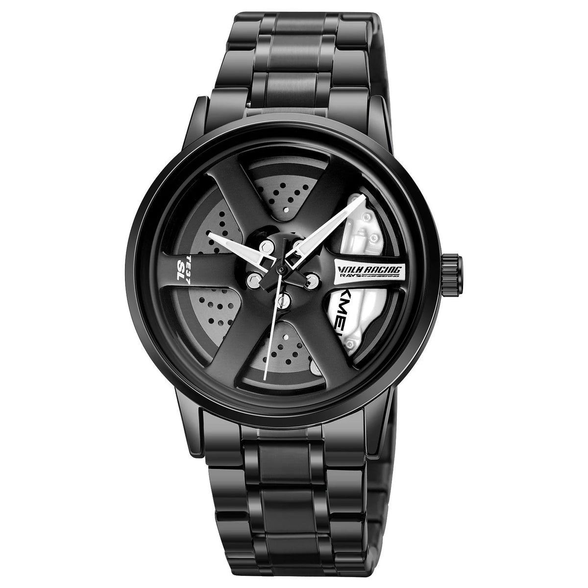 SMAIER black wristwatch with metal link band and brake-wheel dial