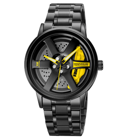 Black metal wristwatch with yellow hands and brake-caliper dial accent