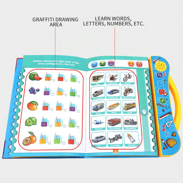 Open learning book with drawing page and illustrated word and number activities