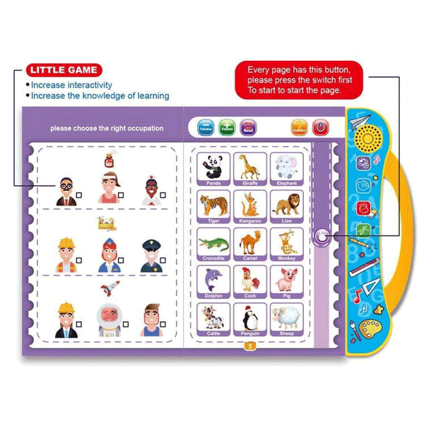 Open interactive book showing occupation and animal matching activities
