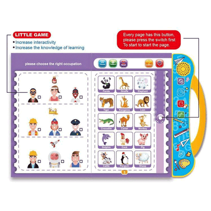Open interactive book showing occupation and animal matching activities
