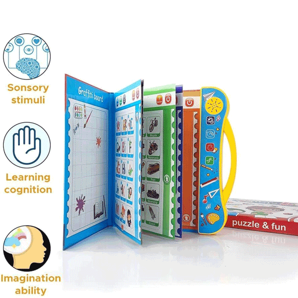 Interactive learning book opened to multiple activity pages with sound panel and handle