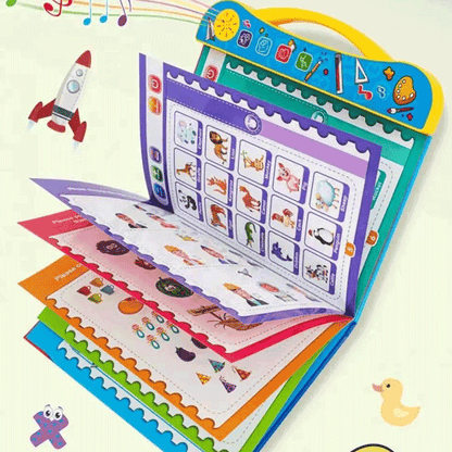 Colorful learning book opened to illustrated animal and activity pages