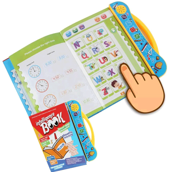Open learning book with alphabet and clock exercises, plus a touch-point graphic