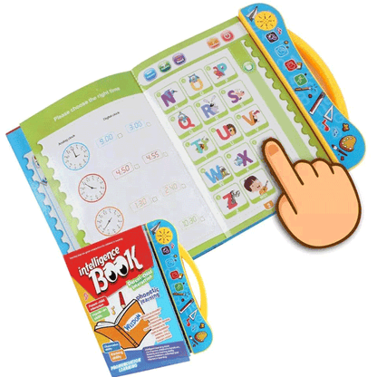 Open learning book with alphabet and clock exercises, plus a touch-point graphic