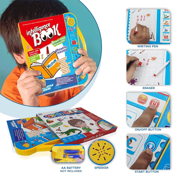 Interactive learning book with writing pen, eraser, speaker, and button controls