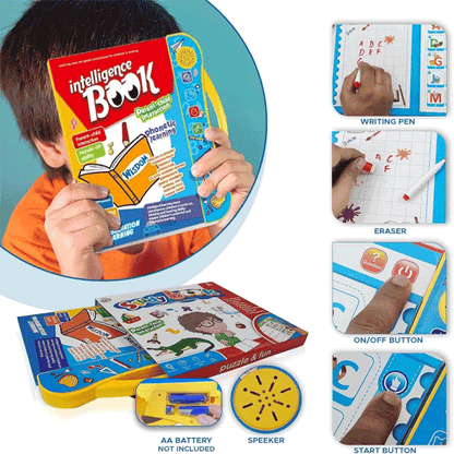 Interactive learning book with writing pen, eraser, speaker, and button controls