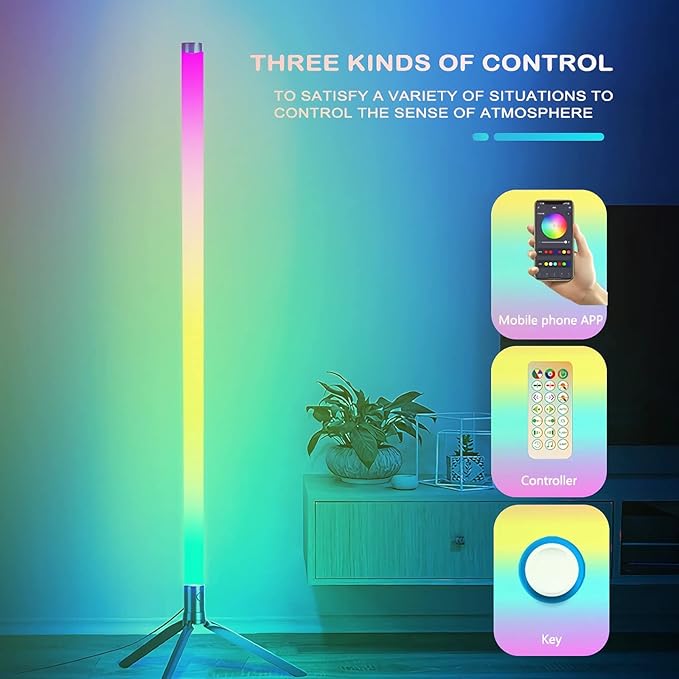 RGB LED floor lamp glowing in multiple colors with a three-legged base.