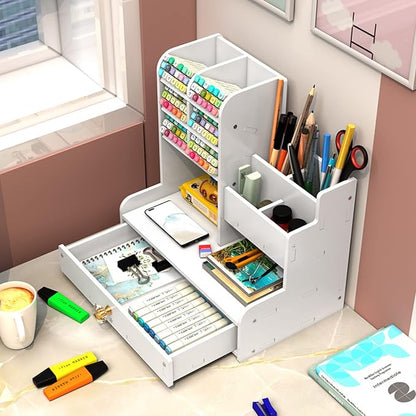 White desktop organizer with marker racks, pencil cups, shelves, and an open wide drawer