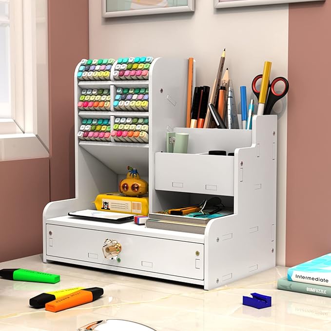 White desktop organizer with colorful marker racks, pencil holders, shelves, and a closed drawer