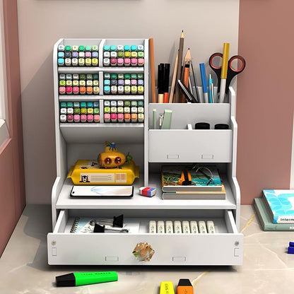 Front view of a white desk organizer with marker racks and a fully open lower drawer