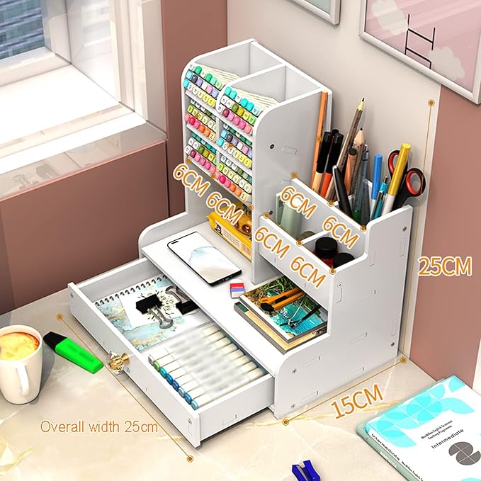 White desktop organizer with marker racks, pencil holders, open drawer, and dimension labels