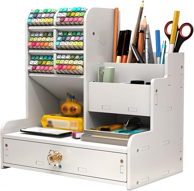White desktop organizer with colorful marker racks, pencil holders, shelves, and a wide drawer