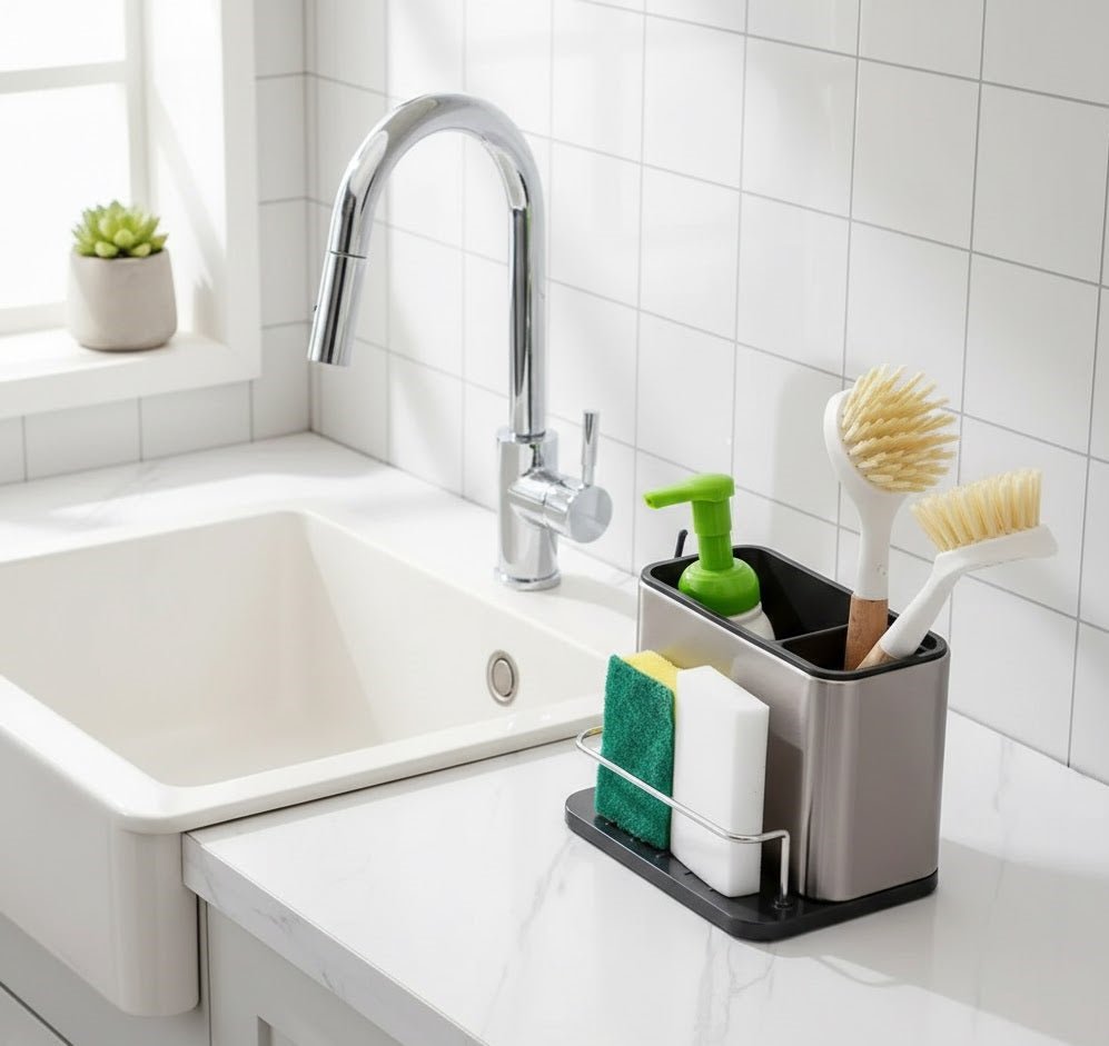 Stainless steel sink rack holding soap, dish brushes, a sponge, and a scrub pad beside a sink