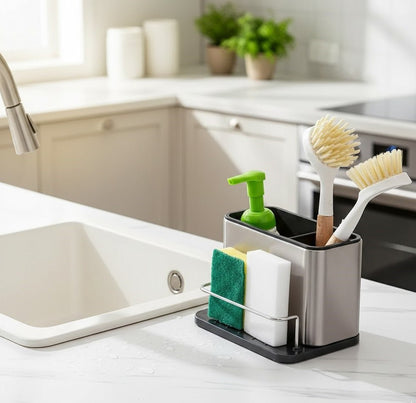 Sink storage rack with separate brush compartments and a wire holder for sponges
