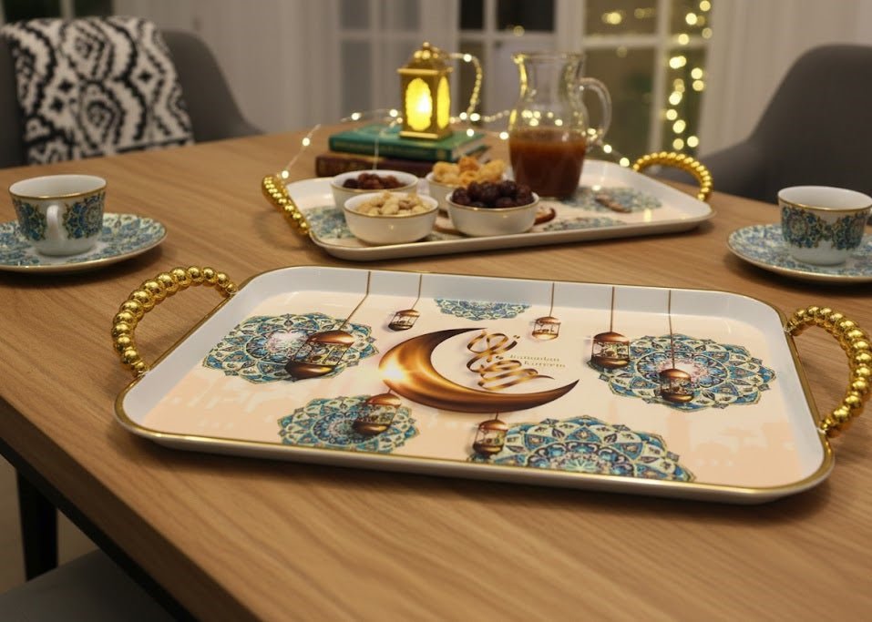 Ramadan Kareem decorative tray with crescent moon and colorful lantern motifs, gold handles