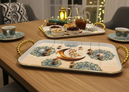 Ramadan Kareem decorative tray with crescent moon and colorful lantern motifs, gold handles