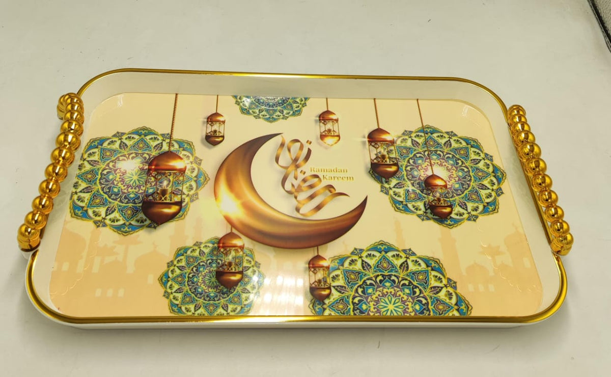 Ramadan Kareem tray with gold crescent moon, lantern motifs, and ornate gold handles