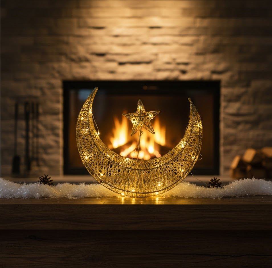 Gold crescent moon and star ornament with a woven openwork design and small lights