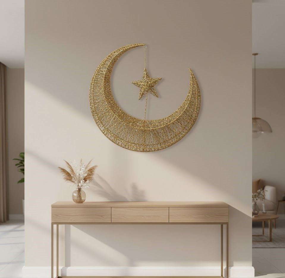 Gold crescent moon and star wall hanging with a woven openwork design